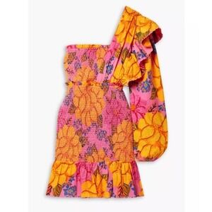 Farm Rio Flowers Garden 1 Shoulder Dress S Smocked Mini Tropical Floral Puff Slv